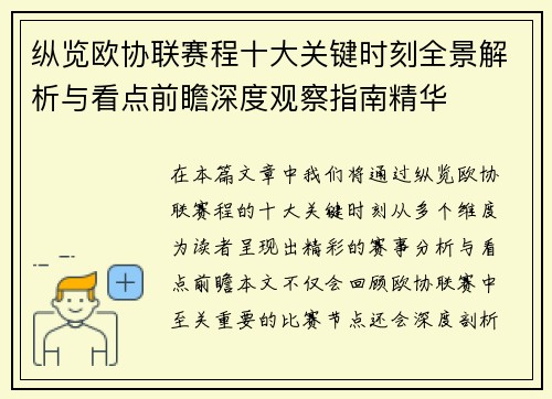 纵览欧协联赛程十大关键时刻全景解析与看点前瞻深度观察指南精华